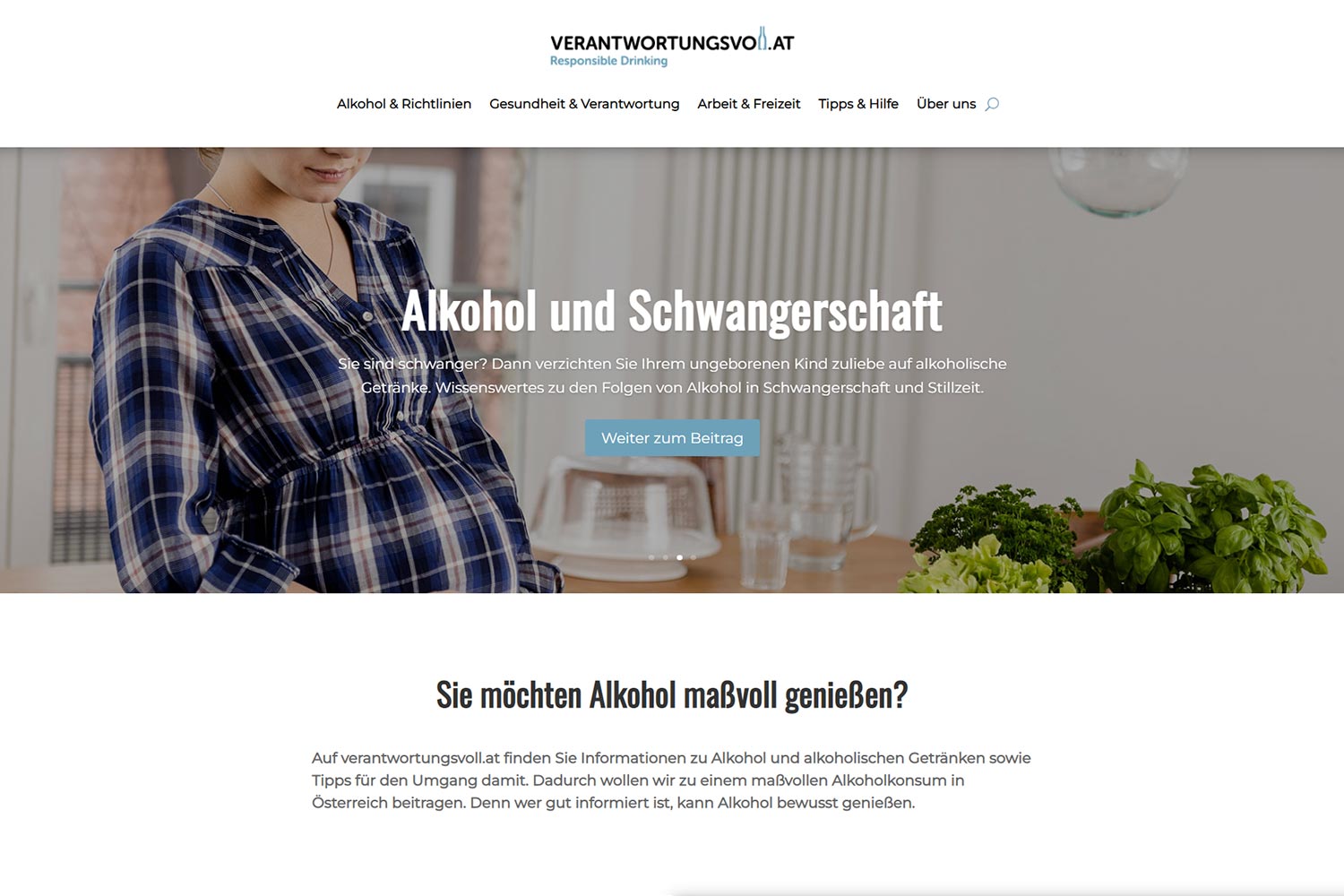 Screenshot von verantwortungsvoll.at: Die Website informiert über verantwortungsbewussten Alkoholkonsum in Österreich.